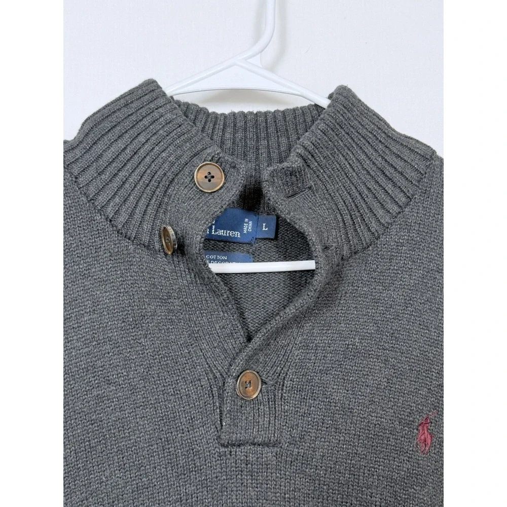 Vintage Polo Ralph Lauren‎ Sweater Mens Large Gray Cotton Shawl Collar Mock Neck